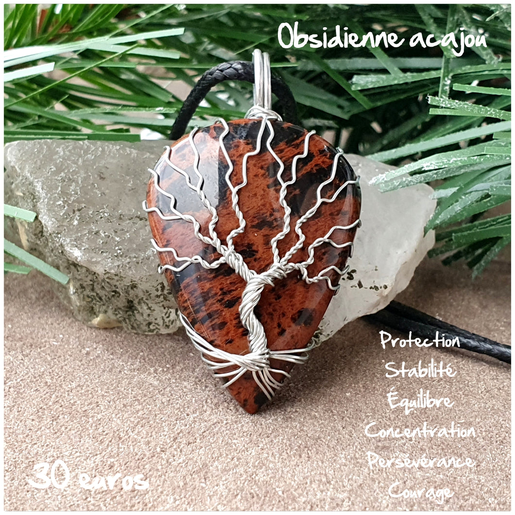 Pendentif protection et libération en Obsidienne acajou